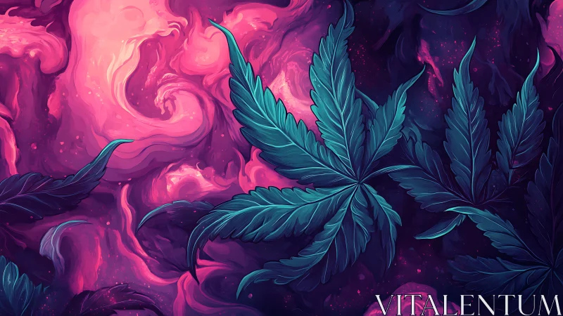Teal cannabis leaves float over swirling pink abstract background