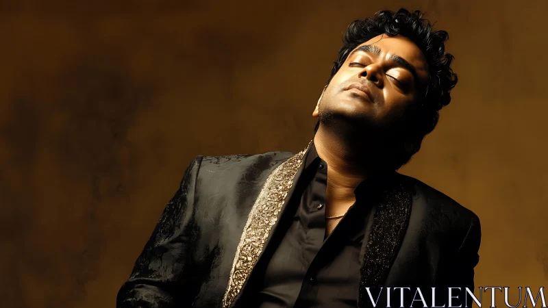 Portrait of man in embroidered black jacket against gold.