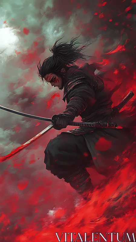 Battle-worn samurai in crimson energy vortex, dual katana poised
