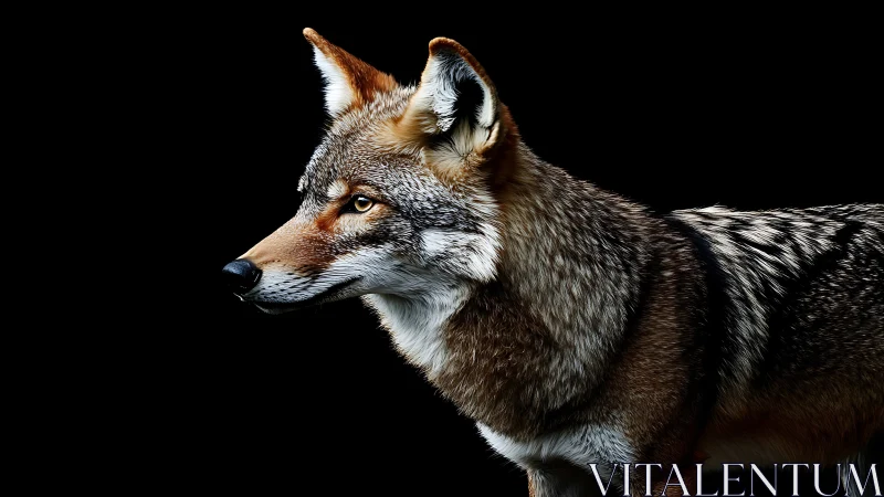 Lateral coyote portrait under high contrast isolation lighting.