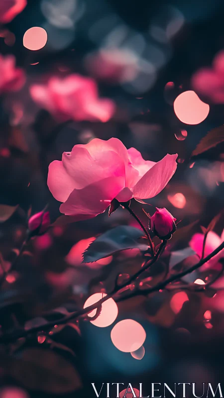 Pink rose glows with bokeh lights.