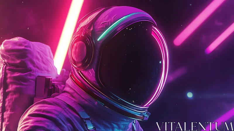Neon lit astronaut helmet in vivid purple space scene.