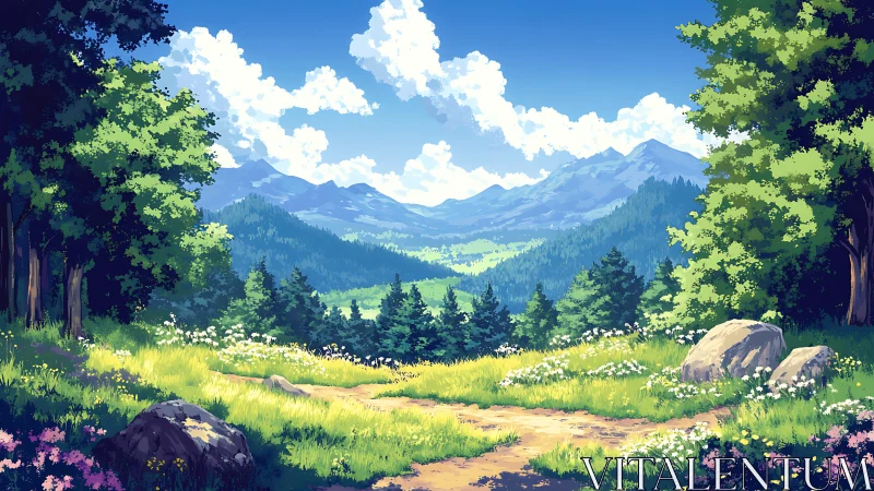 Alpine Valley Landscape: Verdant Meadow Framed by Forest and Mountain Range.