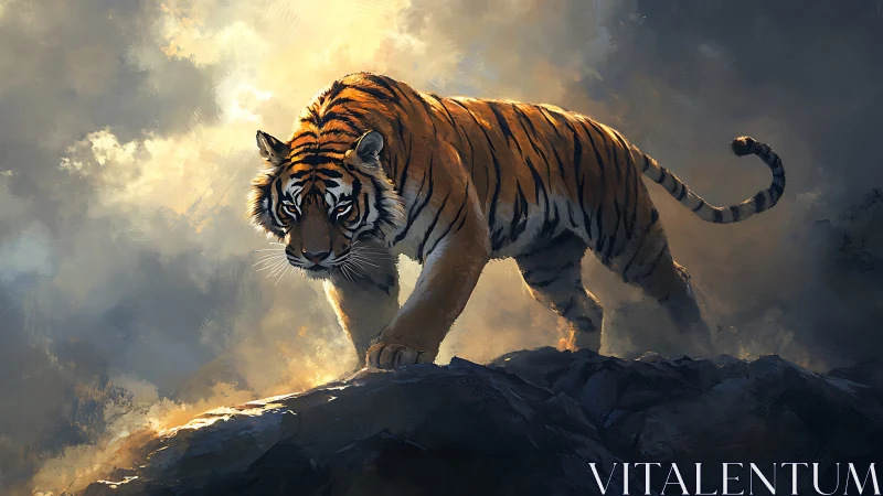 Tiger walks across rocky ridge under diffused golden light.