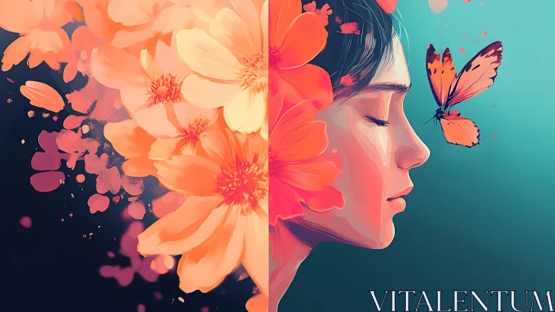 Floral-encoded portrait with butterfly in dual-color plane.