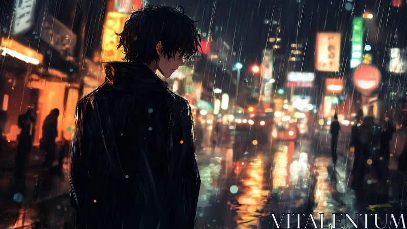 Nocturnal rain corridor with backlit solitary figure study.