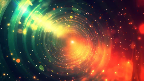 Radial light tunnel with concentric rings and glowing particles.