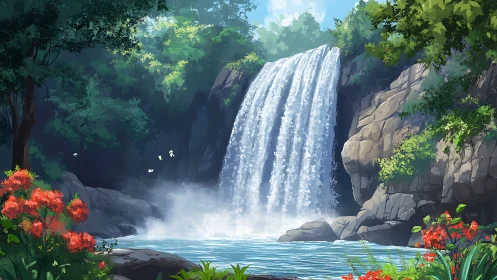 Sunlit forest waterfall pours into a tranquil hidden pool