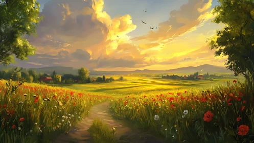 Sunlit country path winds through golden flowered fields.