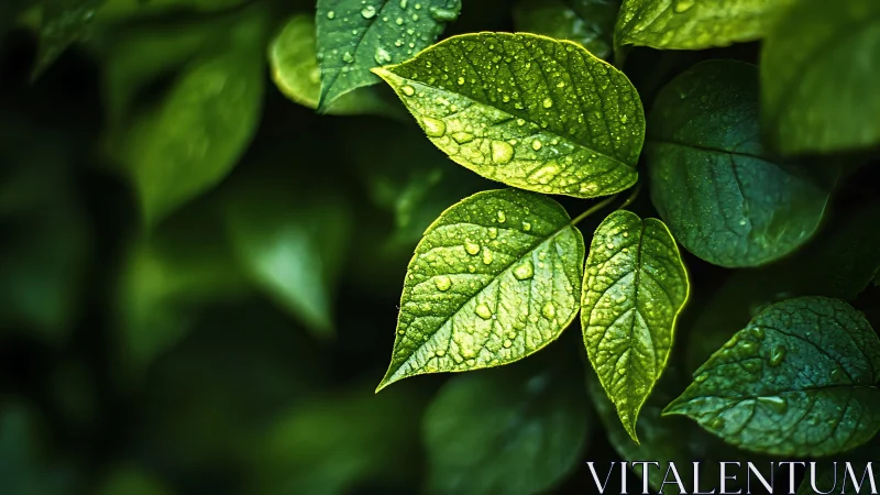 Macro study isolates dew-covered leaves in directional light