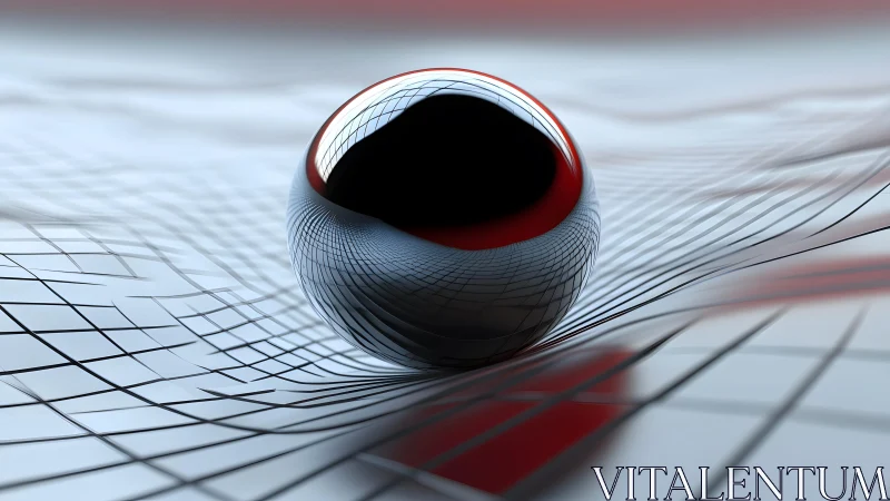 Reflective sphere distorting a grid surface in abstract digital art.