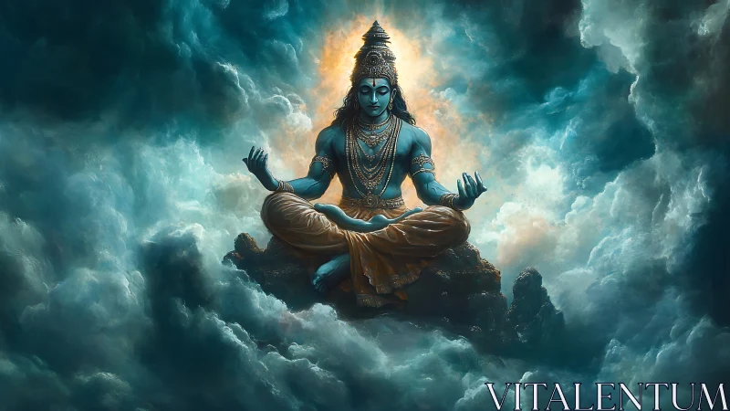 Blue-skinned deity meditating on rock amid swirling clouds.
