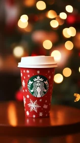 Red holiday coffee cup on table with warm lights behind.