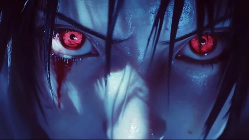 Intense close-up of red-eyed anime character in shadow.