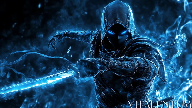 Hooded figure wielding glowing blue sword in smoke field.