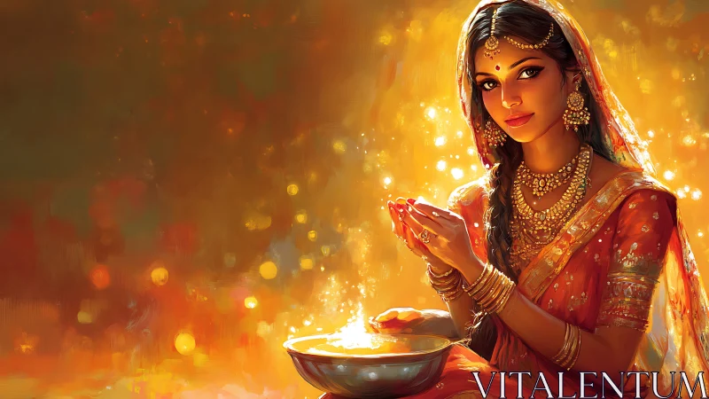 Golden festival glow with a radiant woman in rich sari.