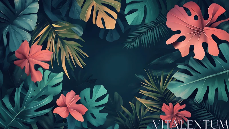 Tropical foliage frame with coral blooms on deep teal ground.