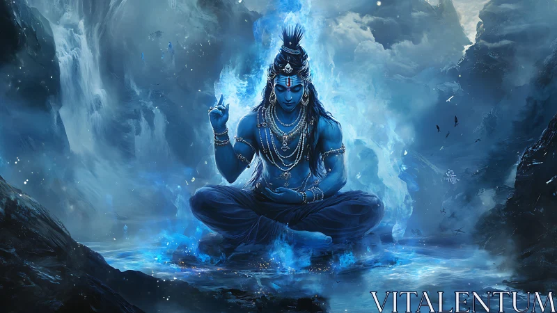 Blue ascetic deity in luminous glacial environment meditates