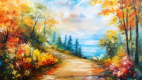 Autumn forest path curves toward a tranquil blue lakeshore.