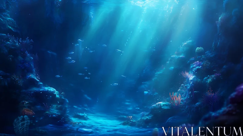 Digital undersea canyon with glowing reefs and fish life.