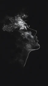 Ethereal side profile dissolves into drifting monochrome smoke