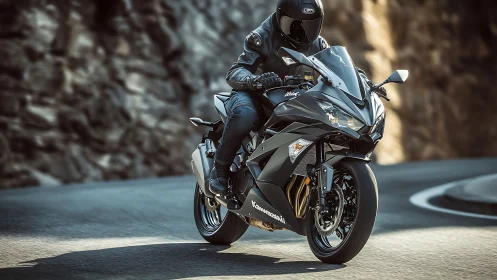 Photorealistic sportbike cornering study on mountain highway.