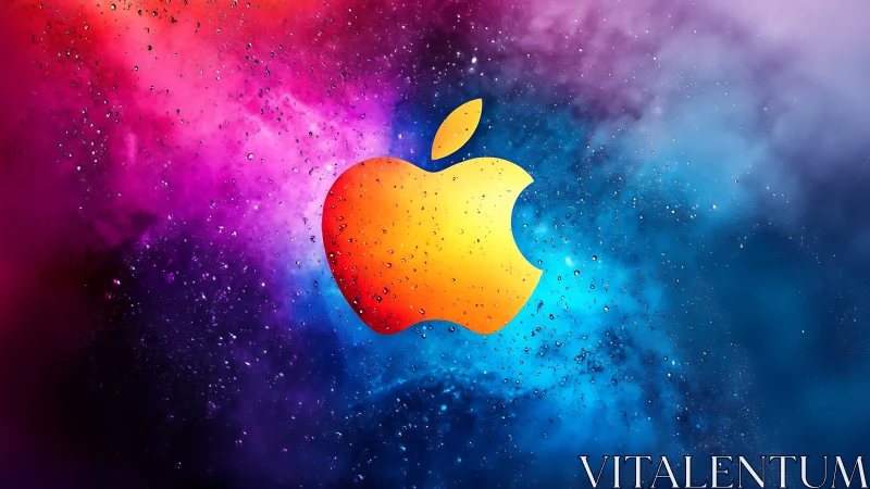 Iridescent apple emblem over neon liquid gradient field.