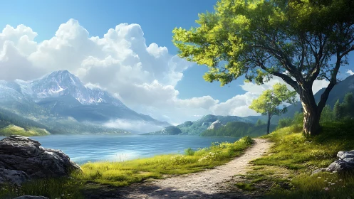 Luminous lakeside trail with stratified alpine cloudscape.