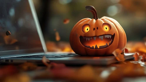 Glowing jack-o-lantern on laptop keyboard in autumnal bokeh