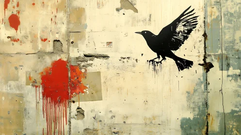 Urban crow stencil against distressed concrete wall.