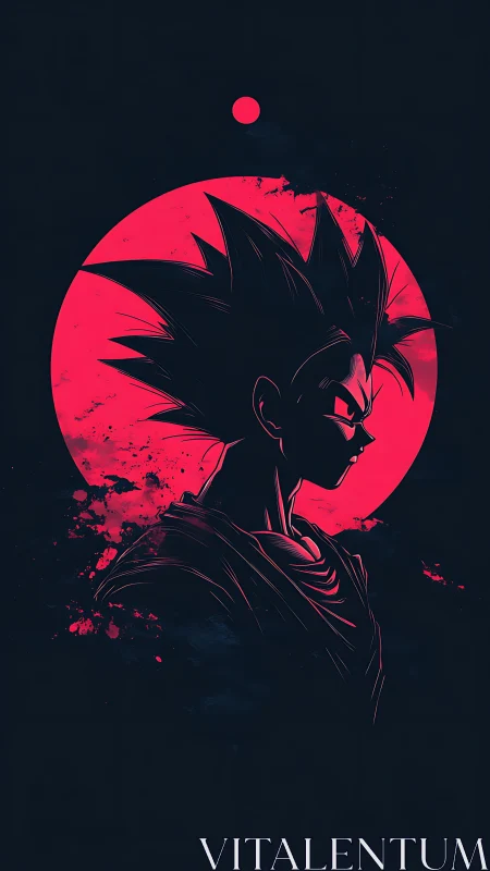 Neon-backlit spiky-haired warrior silhouette against lunar disk.