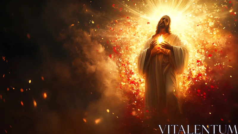 Radiant figure with glowing heart in fiery golden light.