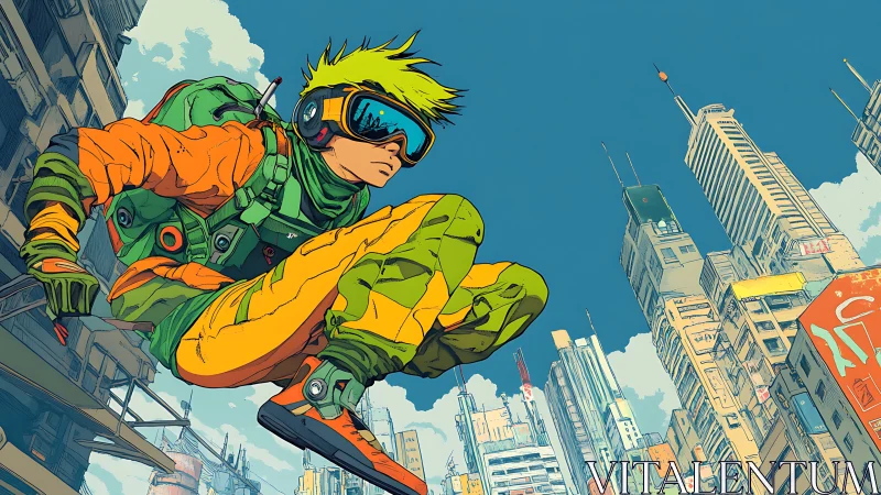 Urban rooftop jumper in stylized futuristic cityscape.