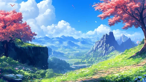 Blossom-crowned valley vista under storybook sapphire skies.