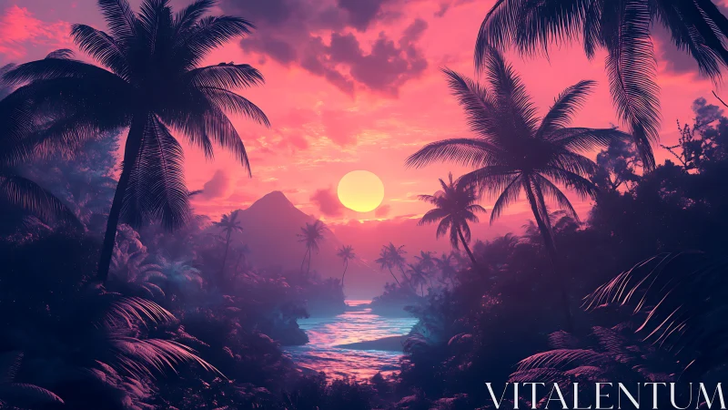 Sunset over tropical bay with silhouetted palm trees.