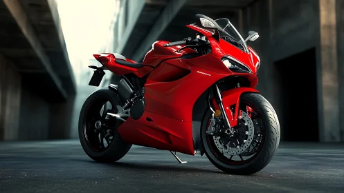 Scarlet superbike crouched like a predator in urban shadow.