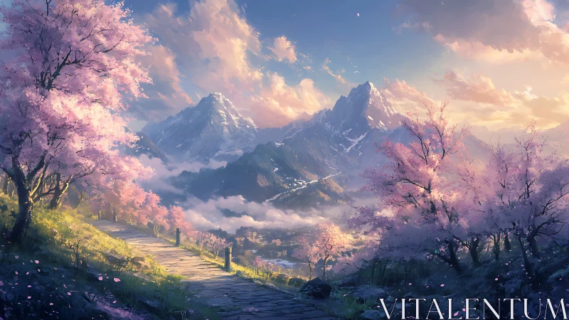Mountain path winds through luminous cherry blossom valley