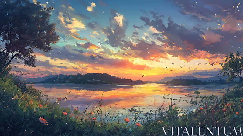 Sunset light spills across a tranquil lakeside meadow