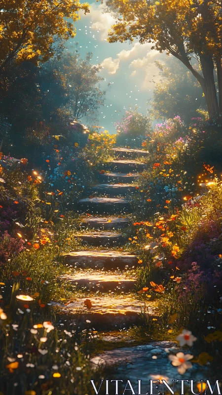 Sunlit stone steps rising through dense wildflower garden.