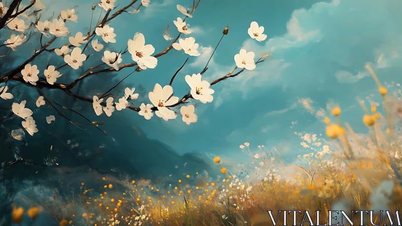 Blossoming branch leans into a dream-bright, windwashed sky