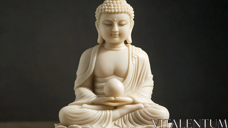 Photorealistic ivory Buddha statue in centered frontal composition.