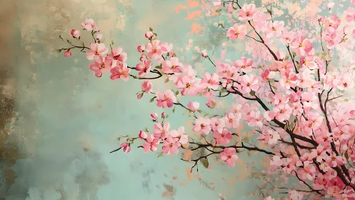 Cherry blossoms drift across soft teal spring sky.
