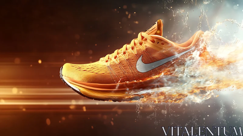 Fiery orange running shoe racing through light and water.
