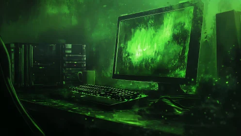 Desktop computer workstation under green digital glow.