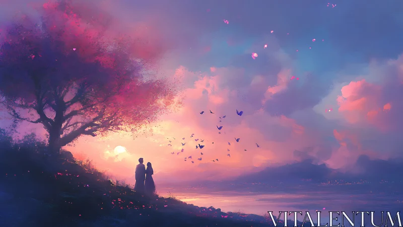 Silhouetted couple under vivid tree at dusk shoreline.