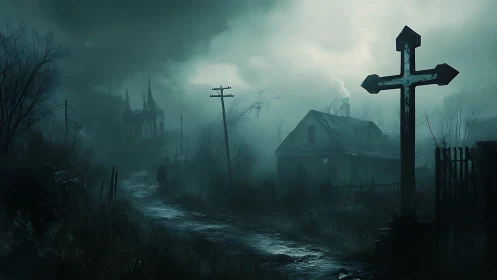 Foggy rural path passes house and cross during overcast weather