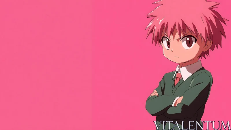 Serious pink haired anime schoolboy on solid pink background.