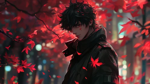 Brooding anime youth stands amid swirling crimson leaves