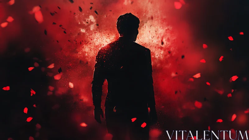 Silhouetted male figure stands amid dispersed red particles