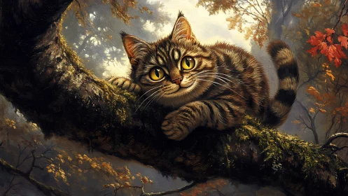Luminous Tabby Feline Perched on Moss-Encrusted Branch in Golden Forest.